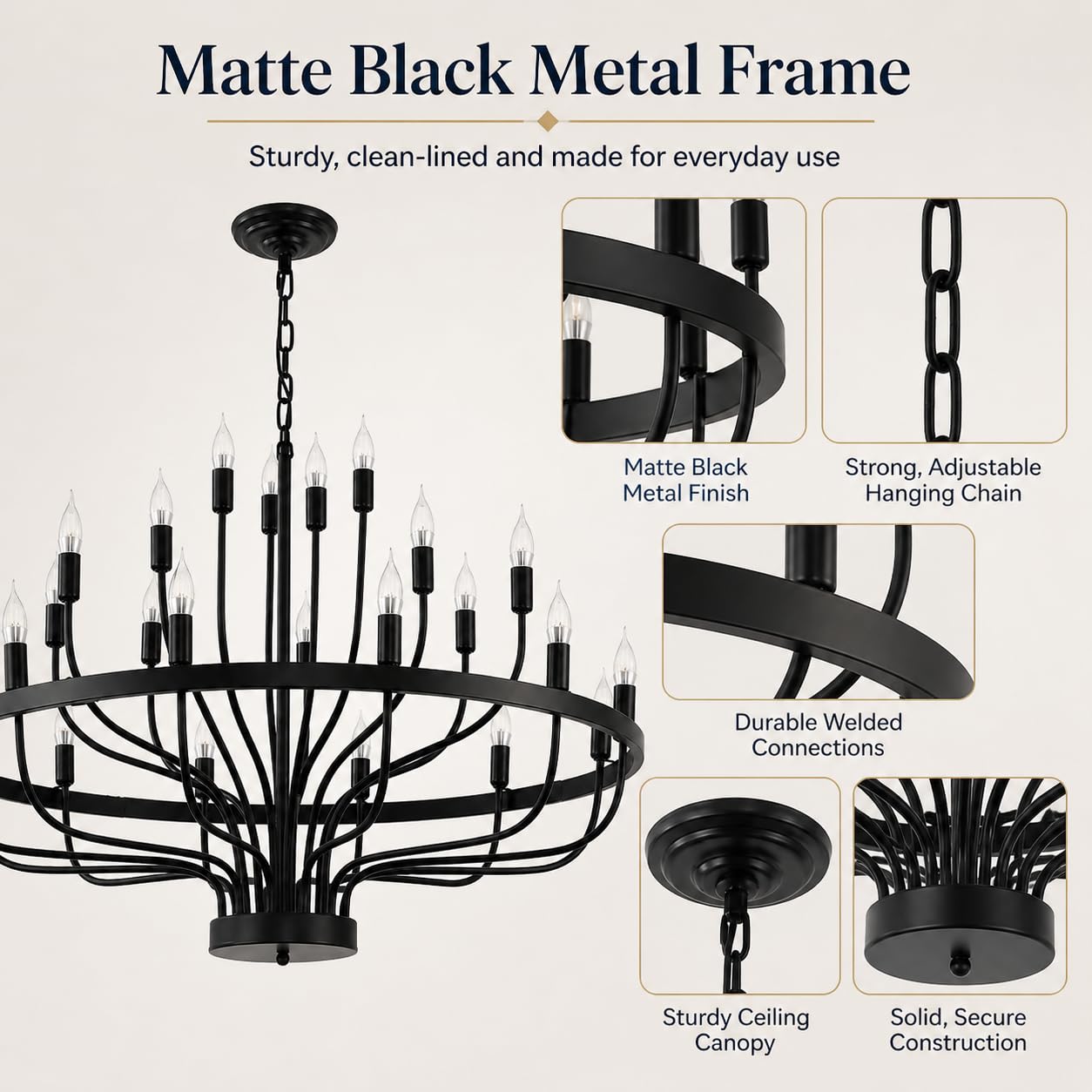 Shandaglo Large Black Chandelier 24-Light, Round 3-Tier Wagon Wheel Fixture, 39 in Farmhouse Candle Pendant with E12 Base for Dining Room, Foyer, Living Room, Hallway, High Ceiling