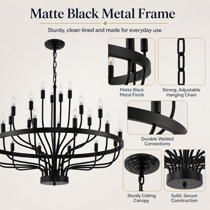 Shandaglo Large Black Chandelier 24-Light, Round 3-Tier Wagon Wheel Fixture, 39 in Farmhouse Candle Pendant with E12 Base for Dining Room, Foyer, Living Room, Hallway, High Ceiling