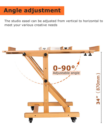 DJAR Extra Large H-Frame Art Easel, Movable Tilts Flat Painting Stand for Artist, Adjustable Solid Beechwood Heavy Duty Floor Easel for Painting, Hold 1 or 2 Canvas up to 79" Natural