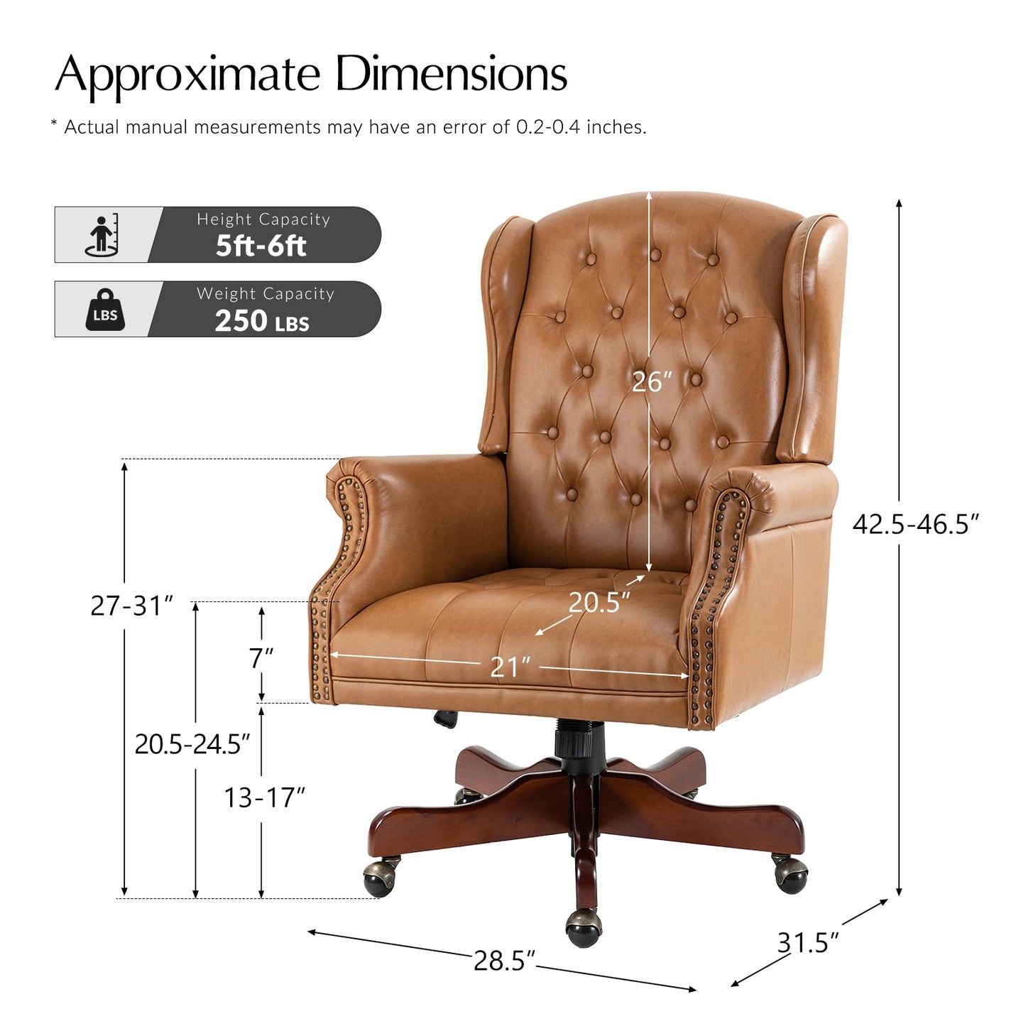 HULALA HOME Tufted PU Leather Office Chair with Wingback and Nailhead Trim, Adjustable Swivel Desk Chair with Rolled Armrests and Casters, Vintage Style(Camel)