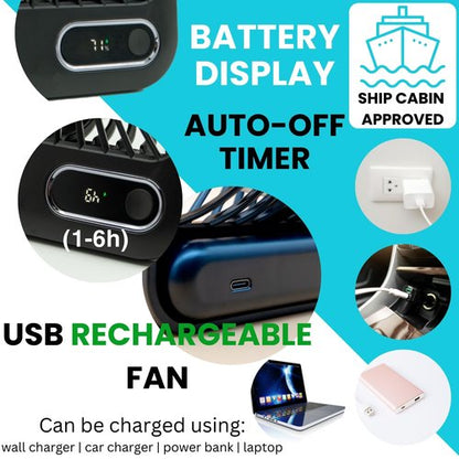 Cruise Fan Cabin Approved - Magnetic Hook Included To Hang On Walls - Portable USB Rechargeable & Plug-In, Timer Function & 5-Speed Adjustable, White Noise, Long Battery Life, Perfect for 2026 Cruises