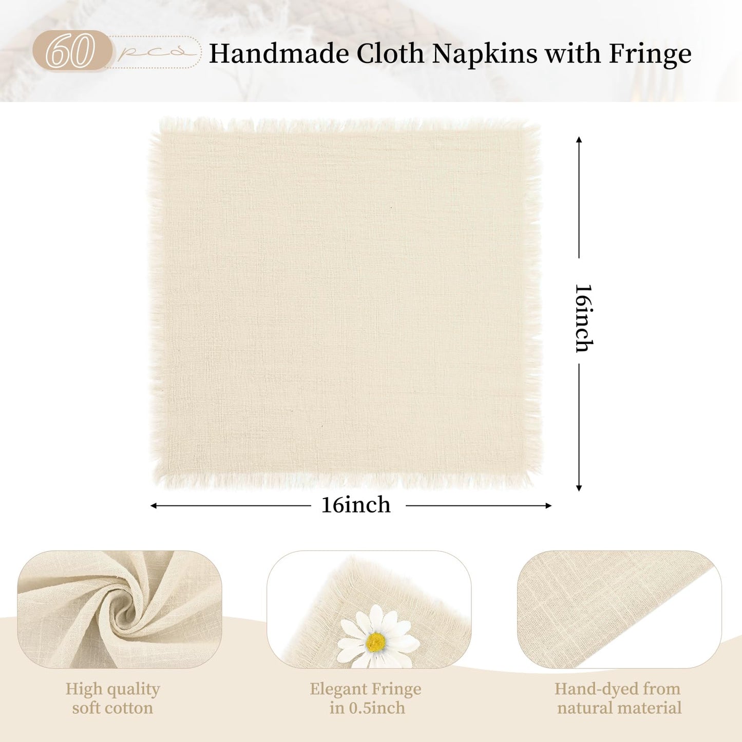 60 Pack Cotton Linen Napkins 16 x 16 Inch Linen Napkins Cloth Handmade with Fringe Soft Cloth Napkins Washable Rustic Dinner Napkins Cloth for Wedding Party Dinner Table(Natural)