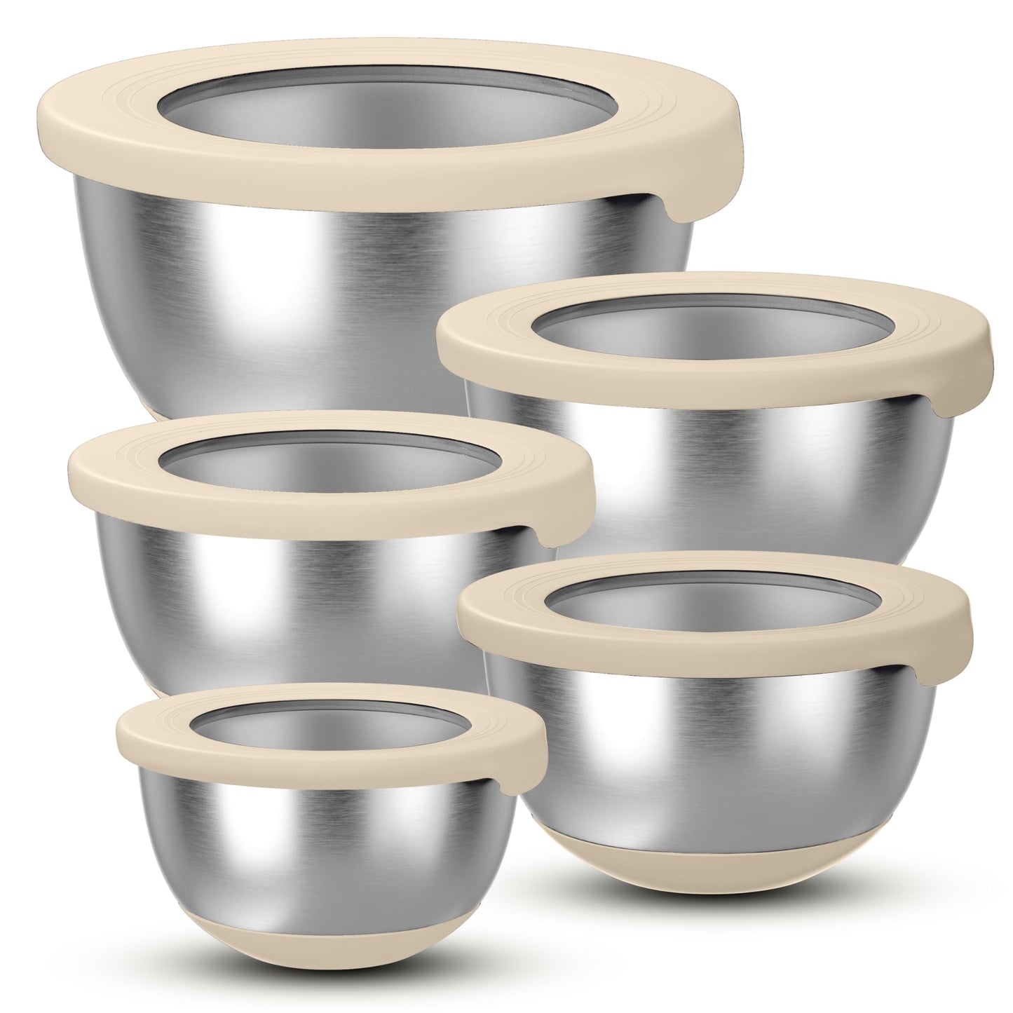 KITEISCAT Stainless Steel Mixing Bowls with Lids – Set of 5 Large Nesting Metal Bowls for Kitchen, Baking, Cooking, Food Prep & Storage, Non-Slip Base, Dishwasher Safe,Khaki