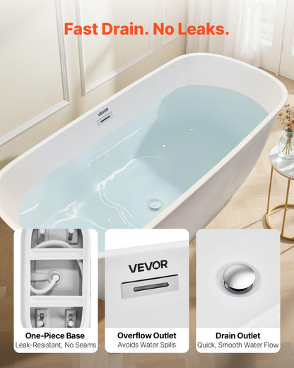 VEVOR Acrylic Freestanding Bathtub, 67 Inch Contemporary Soaking White Tub with Polished Chrome Overflow and Drain, Elegant Oval Shape Stand Alone Soaker Tub for Modern Bathroom or Remodel Projects