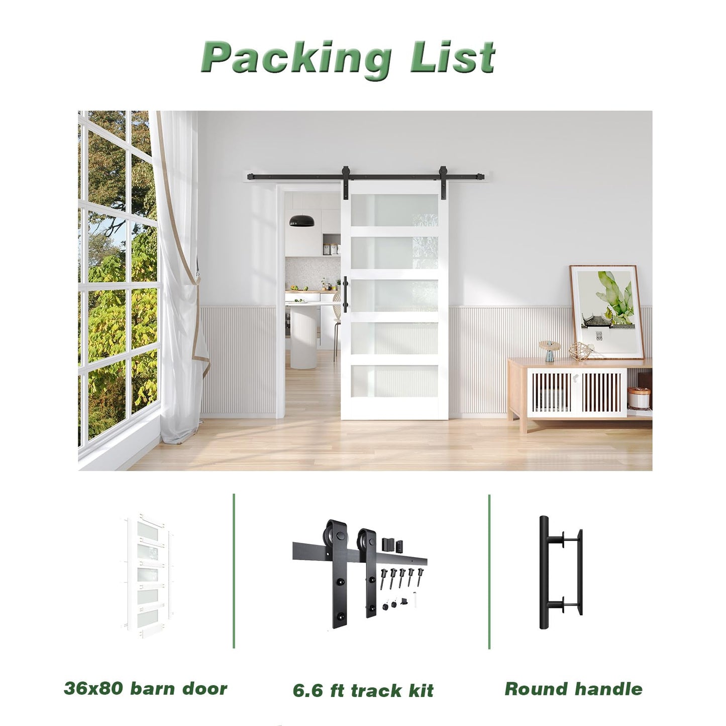 Fredbeck 36x80 White Glass Barn Door with 6.6FT 79inch Sliding Doors Hardware Kit Included & Handle,PVC Surface,Water-Proof,Easy to Assembly