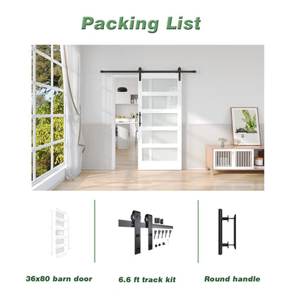 Fredbeck 36x80 White Glass Barn Door with 6.6FT 79inch Sliding Doors Hardware Kit Included & Handle,PVC Surface,Water-Proof,Easy to Assembly