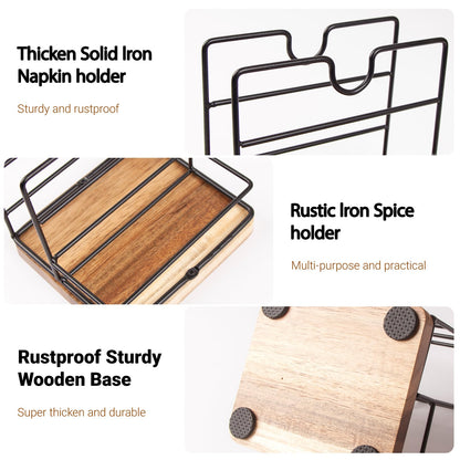 Wood Napkin Holder for Paper Napkin with Salt and Pepper Sharkers for Kitchen Dinner Table Counter Rustic Uplight Napkin Holder Disepenser for Restaurtant and Home Dinning.(Includ 3 Spice Bottles)