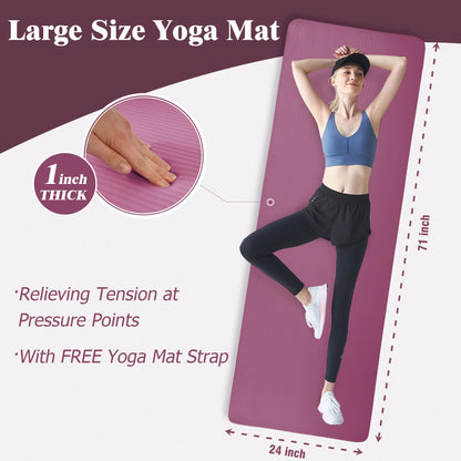 Fitvids Yoga Mat 1-Inch Extra Thick High-Density Exercise Mat with Non-Slip Surface & Carry Strap for Men & Women Tear-Resistant Pilates Workout Mat for Home Gym, Floor Fitness
