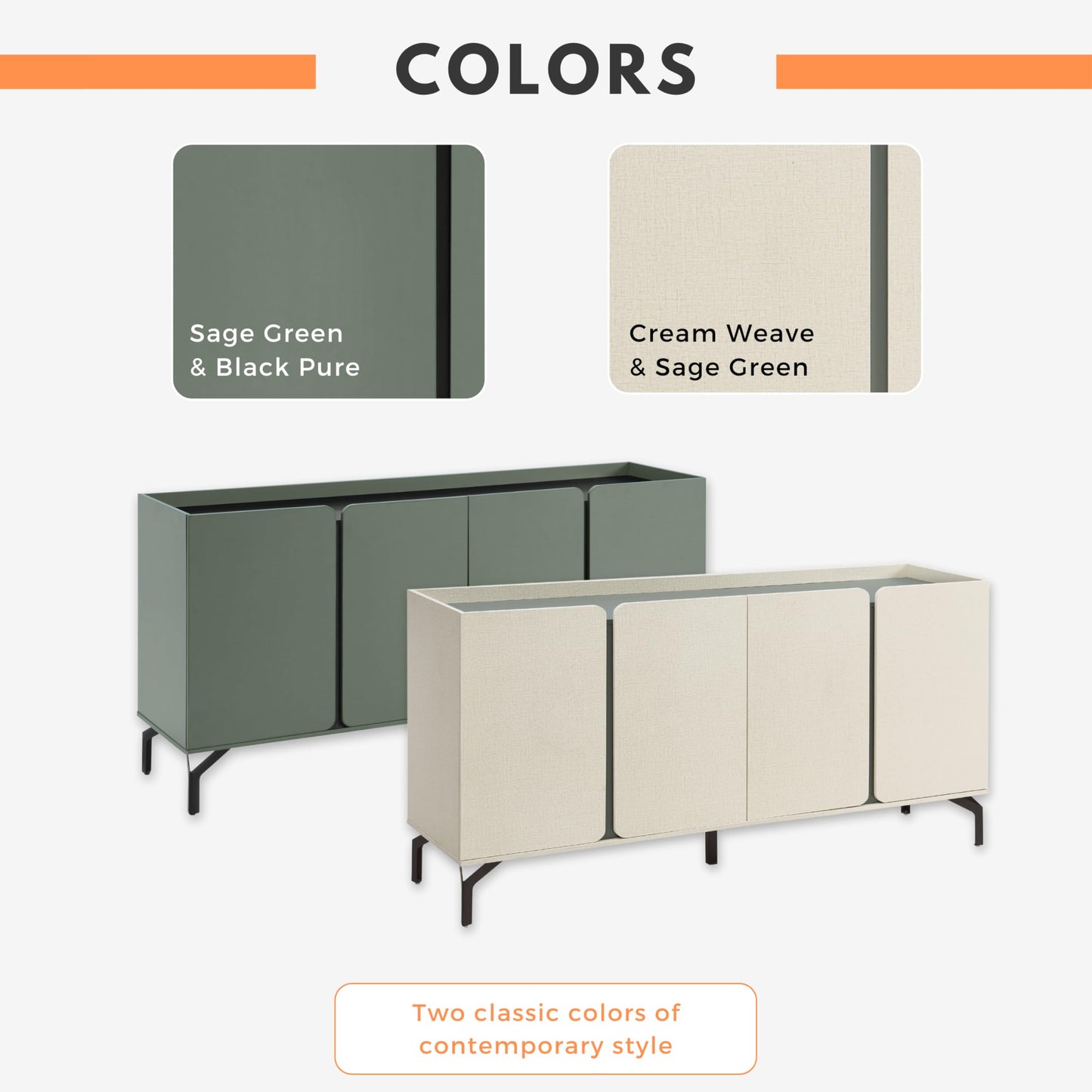 24/7 Shop at Home Elwin 60" Modern Sideboard Buffet, Storage Cabinet with Doors and Adjustable Shelves for Dining, Living Room, Kitchen, Entryway, Office, Sage Green & Black