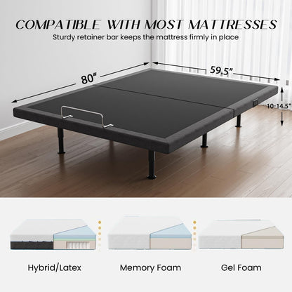 kaipuyiree Adjustable Bed Frame Queen with Massage -Wireless Remote Electric Power Bed Foundation Under-Bed Lighting | Zero Gravity | USB PortsX2 | Height Adjustable Legs