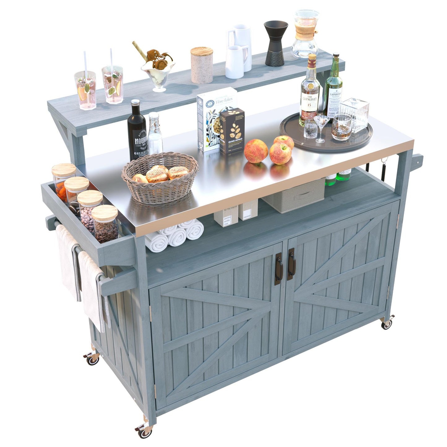 Amposei Outdoor Grill Table Cart 53.3-Inch Solid Wood Garden Patio Rolling Bar Storage Cabinet Kitchen Island with Stainless Steel Top & Lockable Wheels for Food Prep and BBQ, Grey Blue