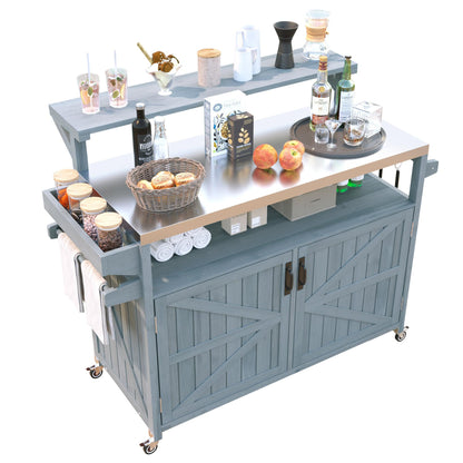 Amposei Outdoor Grill Table Cart 53.3-Inch Solid Wood Garden Patio Rolling Bar Storage Cabinet Kitchen Island with Stainless Steel Top & Lockable Wheels for Food Prep and BBQ, Grey Blue