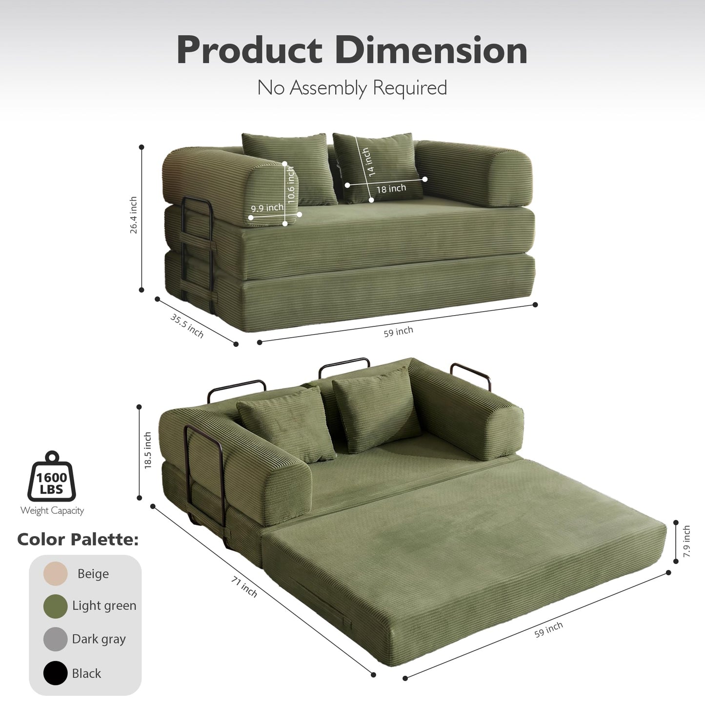 THOLASIS 59in Convertible Sofa Bed, Corduroy Boneless Couch Bed, Futon Sleeper Sofa Pull Out Bed, Foldable Couch for Living Room Apartment, No Assembly Required