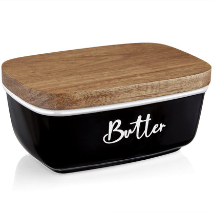 Black Butter Dish, ALELION Large Ceramic Butter Dish with Lid for Countertop, Butter Keeper Container with Acacia Wooden Lid, Kitchen Decor and Accessories for Counter