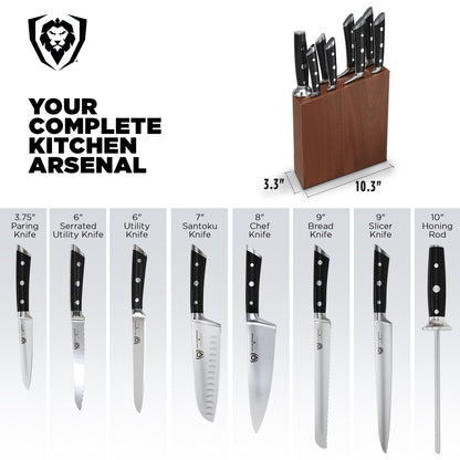 Dalstrong 8-Piece Knife Block Set — German High-Carbon Steel, Full-Tang, Hand-Polished 14–16° Edge — Gladiator Series For First Real Kitchens, New Homeowners & Apartment Cooks — Acacia Block, NSF