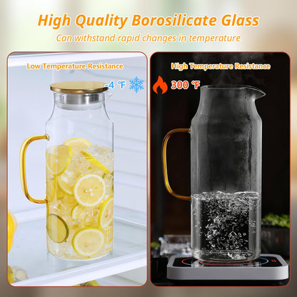 CMLKLZD 2 Pack 2 Liter 68 oz Glass Pitcher with Lid and Handle, Gold Glass Carafe for Fridge, Water Pitcher for Hot/Cold Water, Large Jug for Iced Tea, Coffee, Juice and Homemade Beverage