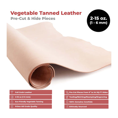 ELW 11-12 oz (4.4-4.8mm) Thickness Weight Pre-Cut 10-12 SQ FT Vegetable Tanned Leather Cowhide Grade AB Full Grain Leather for Tooling, Carving, Engraving, Molding, Embossing, Stamping, & Dyeing