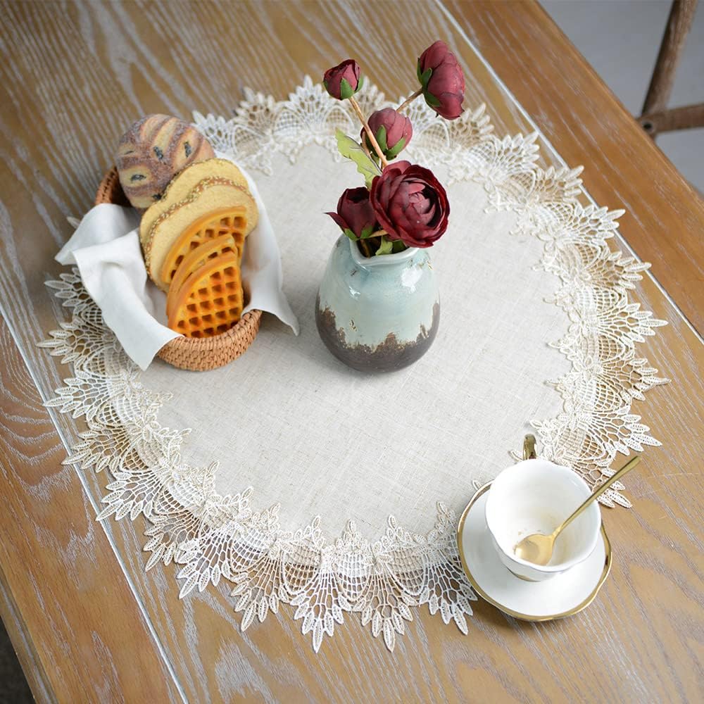 23 Inch ARTABLE Grey Lace Doily Linen Table Topper Scarf Placemat Round Small Coffee Farmhouse Table Cover Rustic