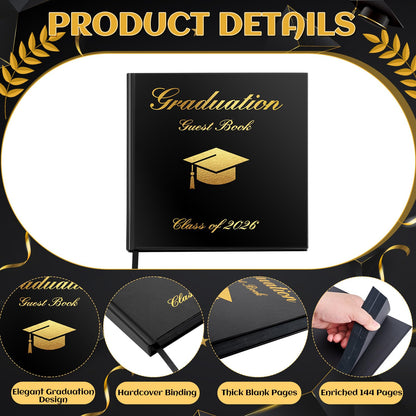 LawnIdyll 2026 Graduation Guest Book with Photo Sign Metallic Pens Stickers 144 Pages Class of 2026 Scrapbook Album Gift Memory Book for High School College Graduation Party Supplies (Black)