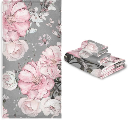 Sets 3 Sets1 1 1 ALAZA Pink Flowers Roses and Leaves on Gray Towel Bathroom Piece Bath Towel Bath Towel Hand Towel