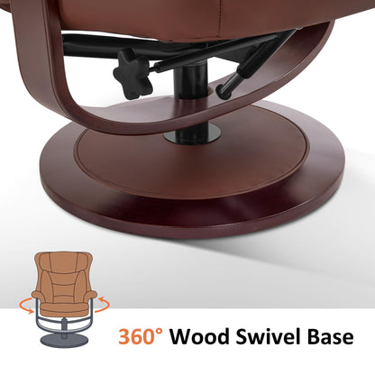 MCombo Oversized Swivel Recliner Chair with Ottoman, Adjustable Backrest, 360° Wood Base, High Seat, Faux Leather Lounge Chair for Tall Users in Living Room Office 4651 (Brown)