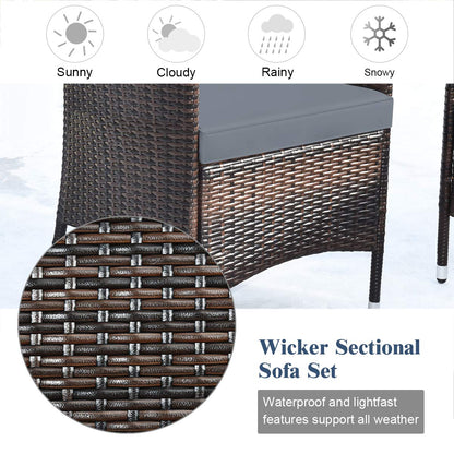 COSTWAY 8PCS Rattan Patio Furniture Set, Outdoor Wicker Rattan Chairs with Coffee Table, Rattan Cushioned Conversation Set for Backyard Balcony Porch Poolside, Grey