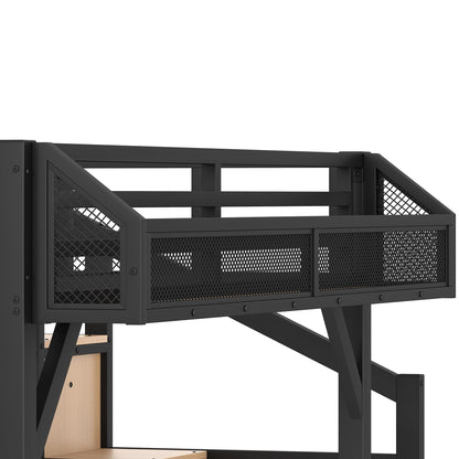 Bellemave Twin XL loft Bed with Storage Stairs, Wardrobe, Shelves, Metal Twin XL Size Loft Bed Frame for Adults, Kids, Teens, Black+Natural Wood