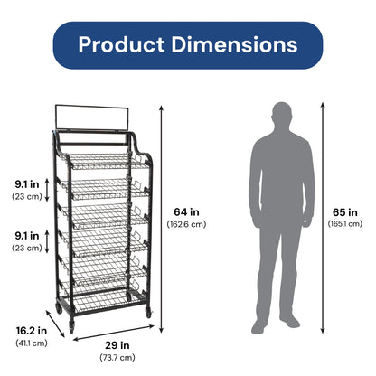 shopPOPdisplays - 29" Wide Floor Standing Display Rack with Wheels – 6 Adjustable Wire Shelves, Metal Retail Merchandising Stand with Sign Holder & Header Frame for Bakery, Grocery & Store Displays