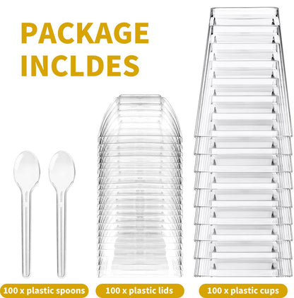 XCRUI 100Pack 5oz Dessert Cups with Lids and Spoons,Plastic Parfait Appetizer Cup,Disposable Plastic Cups, Great for Desserts, Appetizers, Puddings, Mousse