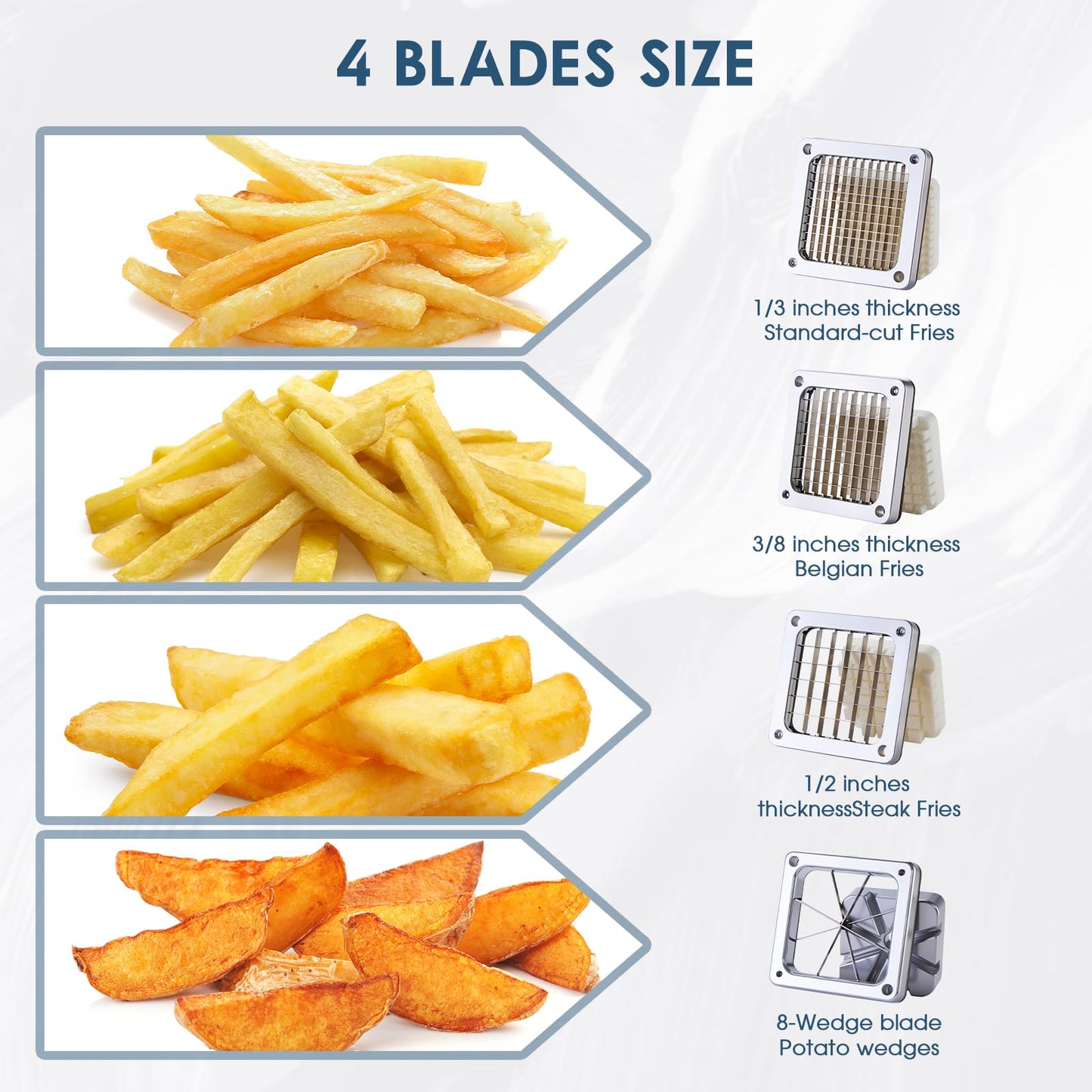 YODHOSA Commercial French Fry Cutter Stainless Steel Potato Cutter with 1/2,1/3,3/8 Inch Blade and 8-wedge balde, Heavy Duty Potato Slicer Manual Potato Chopper Set for Sweet Potato, Carrot, Cucumbers