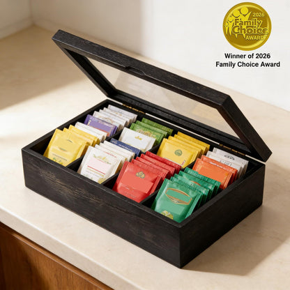 Alsonerbay Wooden Tea Box Tea Bag Holder Kitchen Storage Chest Box for Spice Pouches and Sugar Packets with 8 Compartments and Glass Window Weathered Black