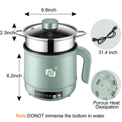 Smart Mini Hot Pot with Timer and Automatic Shut Off 1.2L Non-Stick Rapid Noodle Cooker w Stainless Steel Steamer Basket 600W Quick Cook 5 Cooking Modes for Soup, Rice (1cup) , Porridge, Pasta Great for 1-2 Persons (Green)