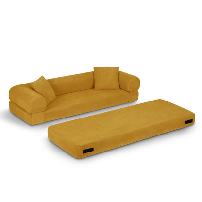 Trygoal 80" Convertible Sofa Bed, 3-in-1 Boneless Folding Sleeper Sofa Queen with Storage & Pillows, Corduroy Deep Seat Pull Out Couch, No Assembly in Box, for Living Room, Yellow