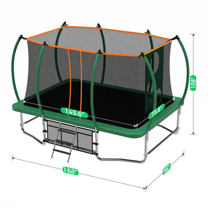 Lyromix 14FT Outdoor Rectangle Trampoline for Kids and Adults, Rectangular Trampoline with Curved Poles, Pumpkin Trampolin with Light, Sprinkler, Soccer and Storage Bag