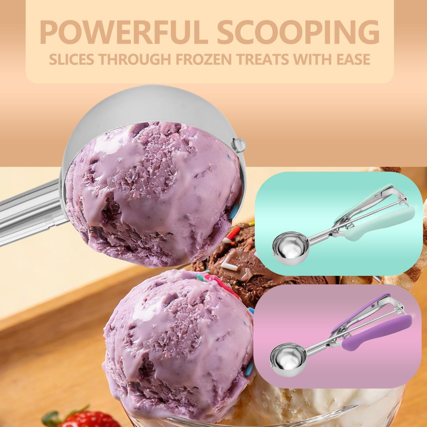 2Pcs Cookie Scoop Set, 18/8 Stainless Steel Cookie Dough Scoops with Lavender & Mint Green Ergonomic Handles, Professional Metal Scooper for Baking, Ice Cream & Cupcakes, 2 Tbsp&3 Tbsp