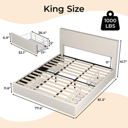 IDEALHOUSE King Size Bed Frame with Tall Tufted Wingback Headboard, Platform Velvet Upholstered King Bed Frame with 4 Storage Drawers and Wooden Slats Support, No Box Spring Needed, Creamy White