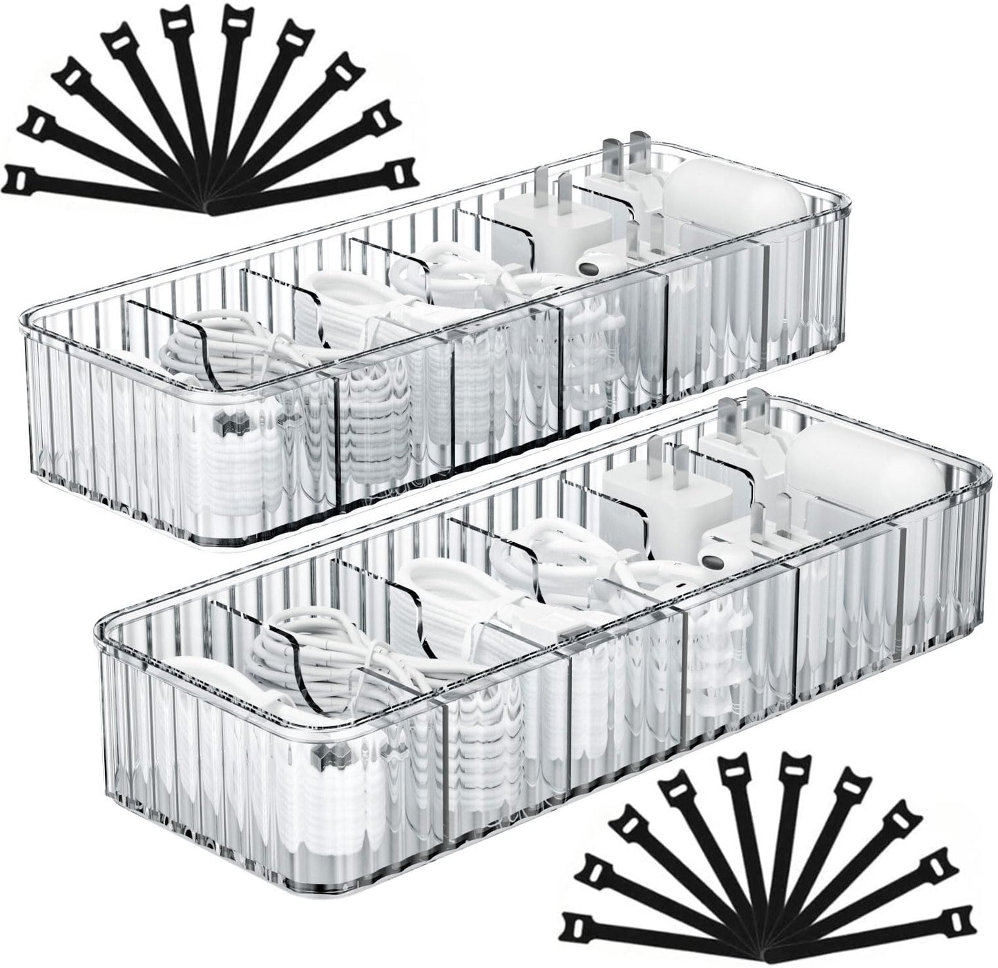 Tamomic Cable Storage Boxes Organizers 2 Pack,Cord Charger Storage Organizer Box Case with 20pcs Cable Ties,Stackable,Clear