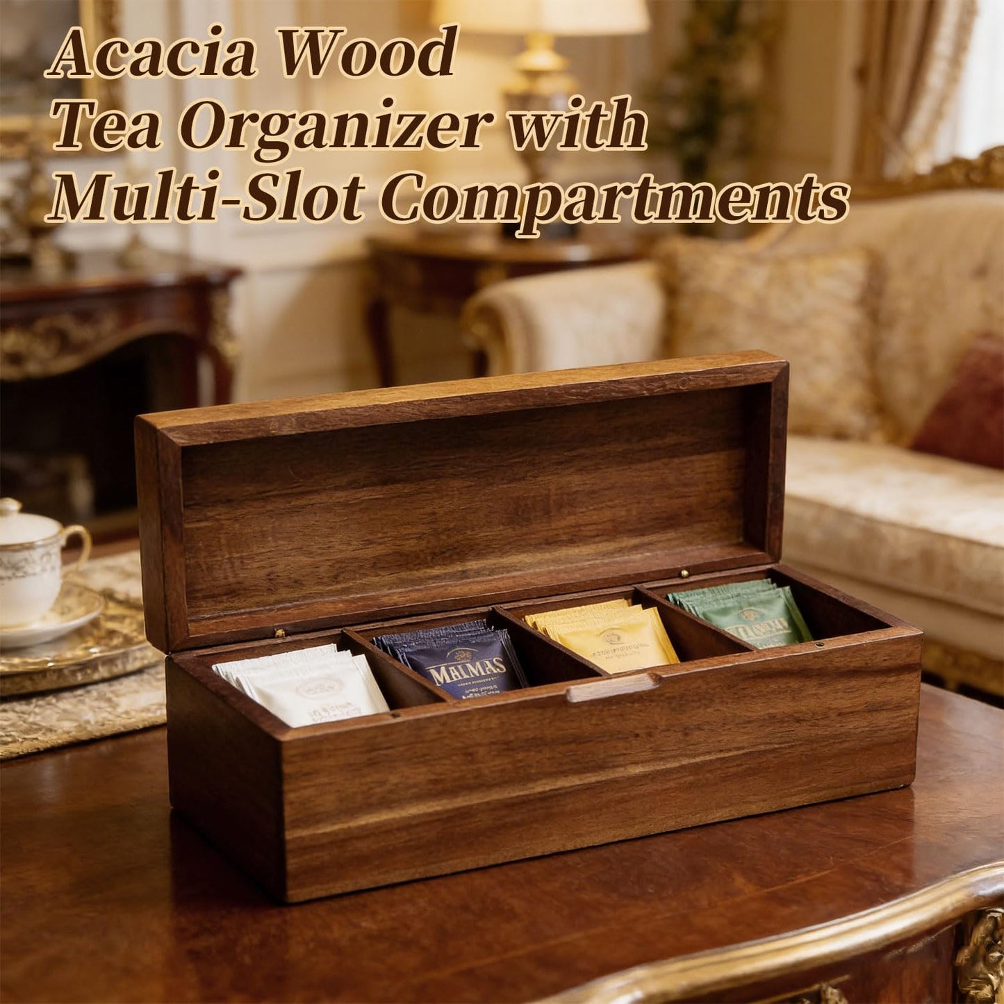 YAOYAO LAND Acacia Wood Tea Bag Organizer with Compartments, Tea packet Storage Boxes & Display Caddy, Multi-Slot Teabag Holder Container Chest for Countertop, Organizador de Té