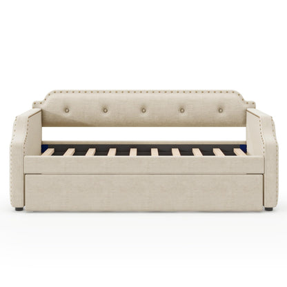 Merax Upholstered Daybed with Trundle, Wood Slat Support,Upholstered Frame Sofa Bed, Twin, Beige