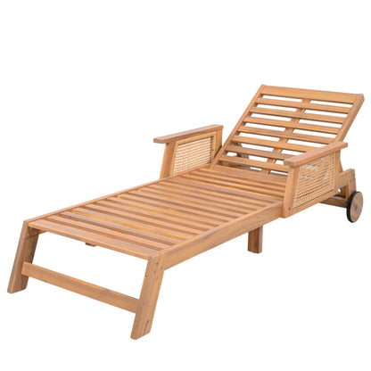 Christopher Knight Home Revia Chaise Lounge Outdoor with Wheel and Armrests, Acacia Wood Patio Chaise Lounge with Cushion, Adjustable Backrest Poolside Sun Lounger, Sunbathing Chair, Teak+Light Beige