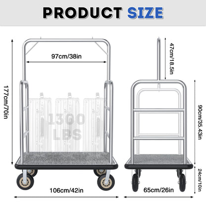 Hotel Luggage Cart, 1300LBS Load Capacity Bellman's Cart with 8" Wheels, Brushed Stainless Steel Commercial Grade Hotel Luggage Trolley with Grey Carpeted Deck for Hotels (42''L x 26''W x 70''H)