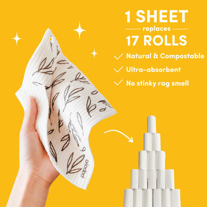 Papaya Reusable Paper Towels, Premium Swedish Dishcloths with Hook, Non-Scratch Reusable Paper Towel, 1 Sheet Replaces 17 Rolls - 4 Sheets, 2 Hooks