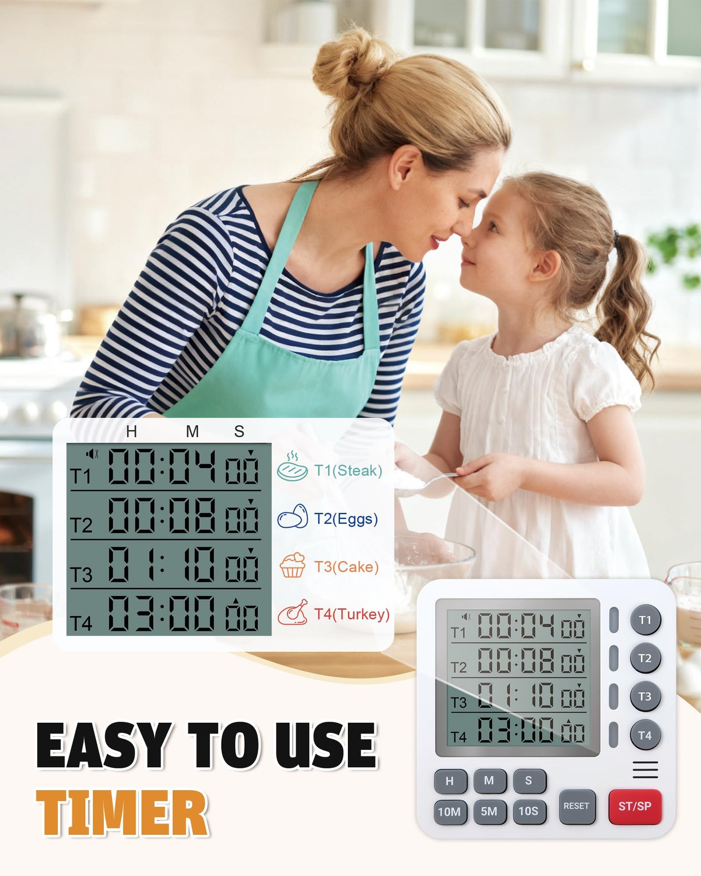 TPNEG Digital Kitchen Timer - 4-Channel Cooking Timer with Alarm, Magnetic Back, Loud & Silent Modes, Count Up/Down, Ideal for ovens, Seniors, Kids and classrooms, Replaceable AAA Battery