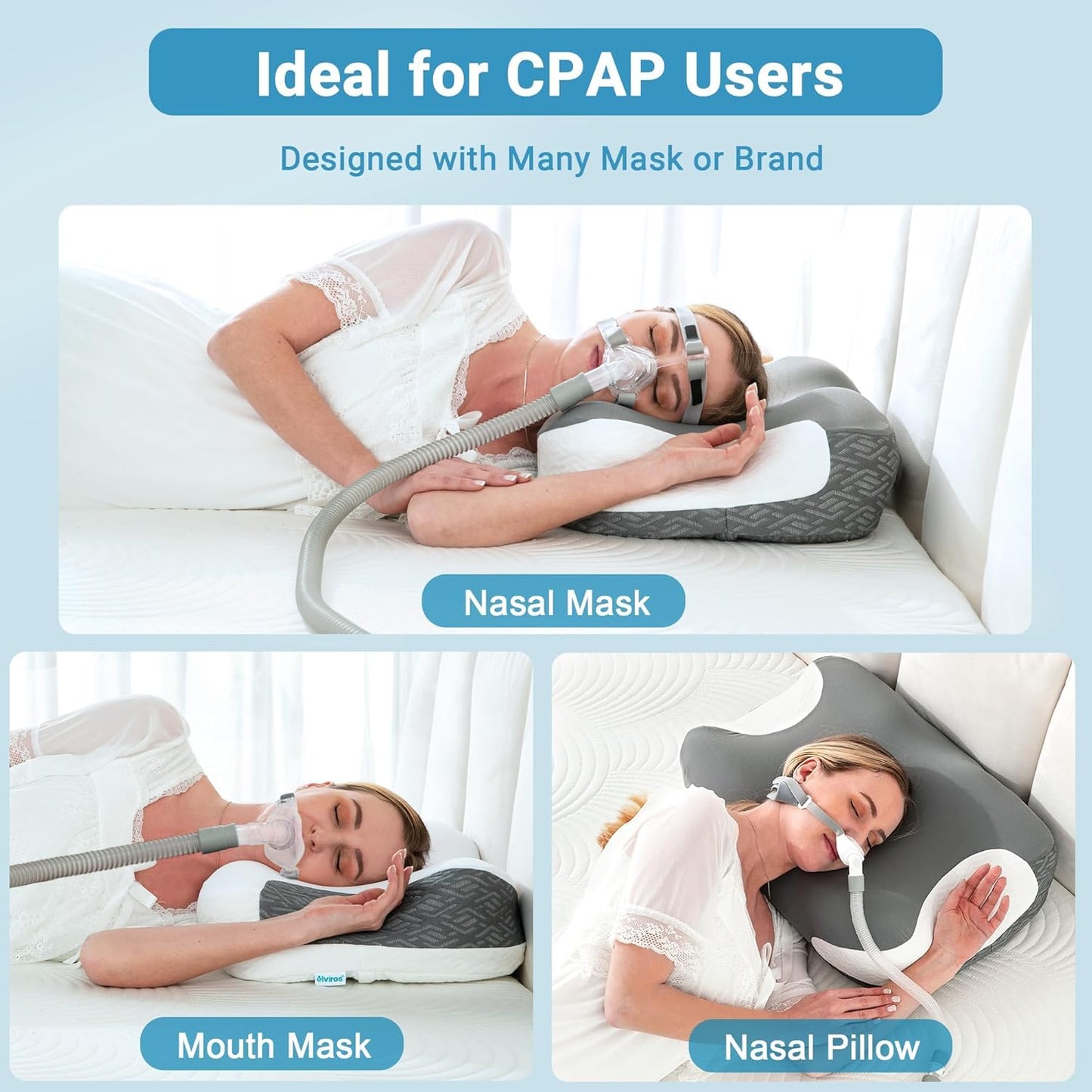 Elviros Cervical Neck Pillow for Neck Pain Relief, CPAP Pillow for Side, Back & Stomach Sleepers, Ergonomic Orthopedic Pillow for CPAP Users to Reduce Air Leaks and Mask Pressure, Dark Grey