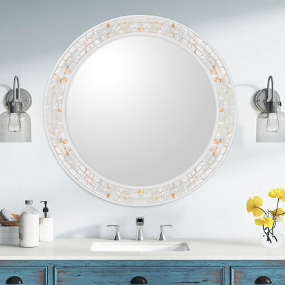 DUQIMO Mosaic Mirrors for Wall 30 Inch, Natural Mother of Pearl Inlay White Framed Round Mirror for Bathroom, Bedroom or Entryway