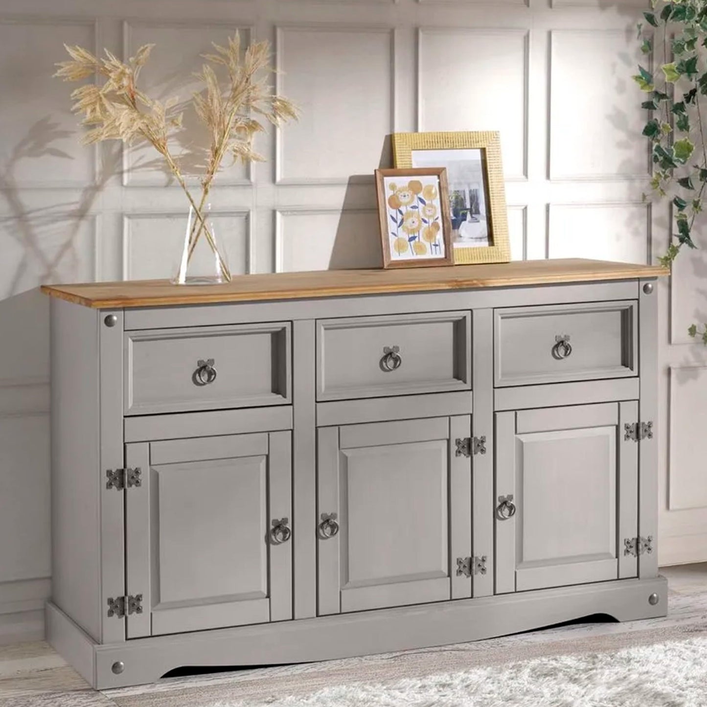 Furniture Dash Rustic Grey 6-Compartment Cabinet – Solid Wood Console Table with Storage Drawers & Doors for Dining, Kitchen, or Entryway Use