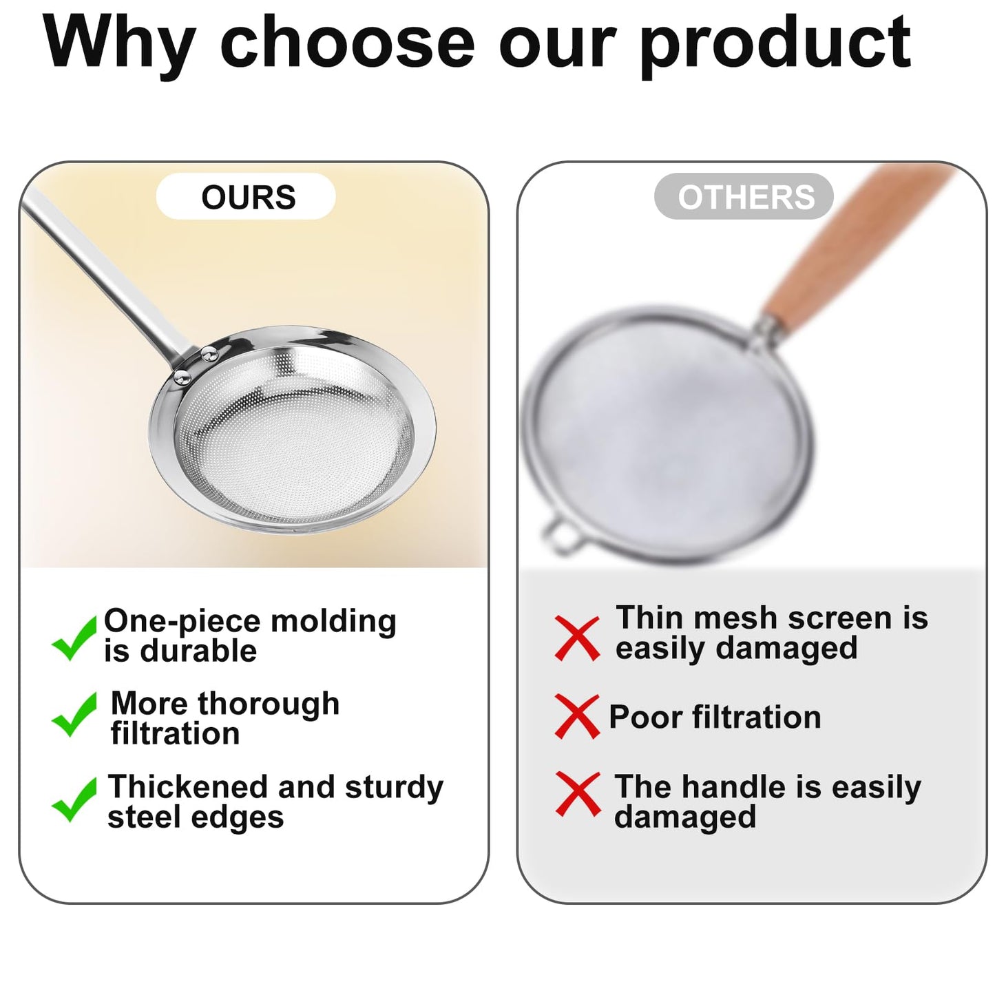Fine Mesh Stainless Steel Sieve Colander(2 Pack, Large+Small), Mesh Strainer for Cooking Oil, Skimmer Spoon Filte Grease Foam, Food Strainer Kitchen Gadgets