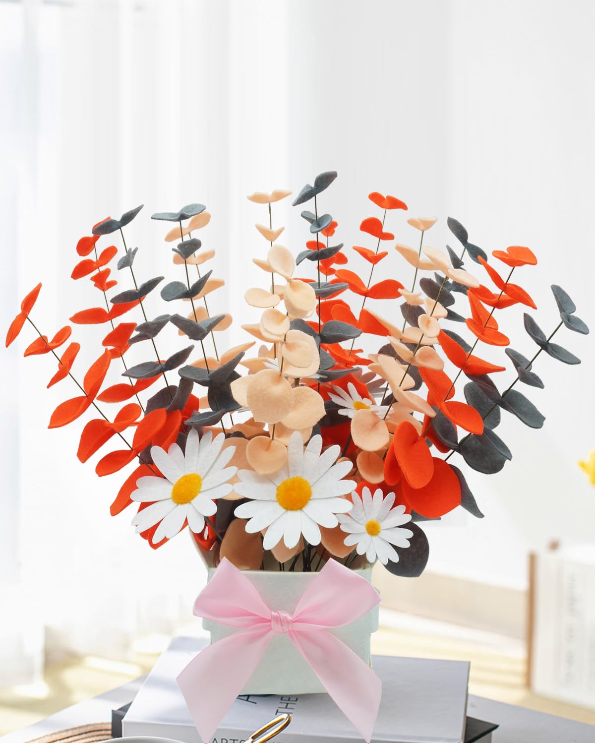 BAZIMA Felt Eucalyptus Daisy Bouquet,Felt Flowers,Multi-Color Felt Leaves,DIY Bouquet,Artificial Flower Bouquet with Flower Pot,Floral Gifts,15 Eucalyptus and 8 Daisies (Orange Gray Light Yellow)