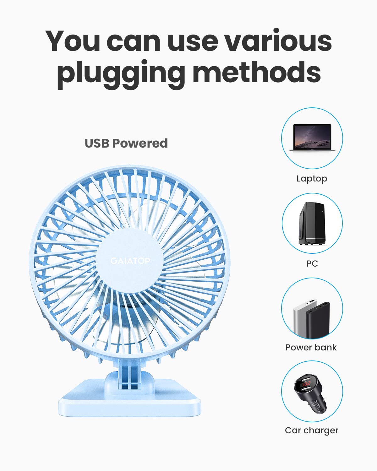 Gaiatop USB Desk Fan, Small But Powerful, Personal Portable Quiet 3 Speeds, Adjustable Mini Table Desktop fan for Cooling Home Office Car Summer Travel Gifts Light blue