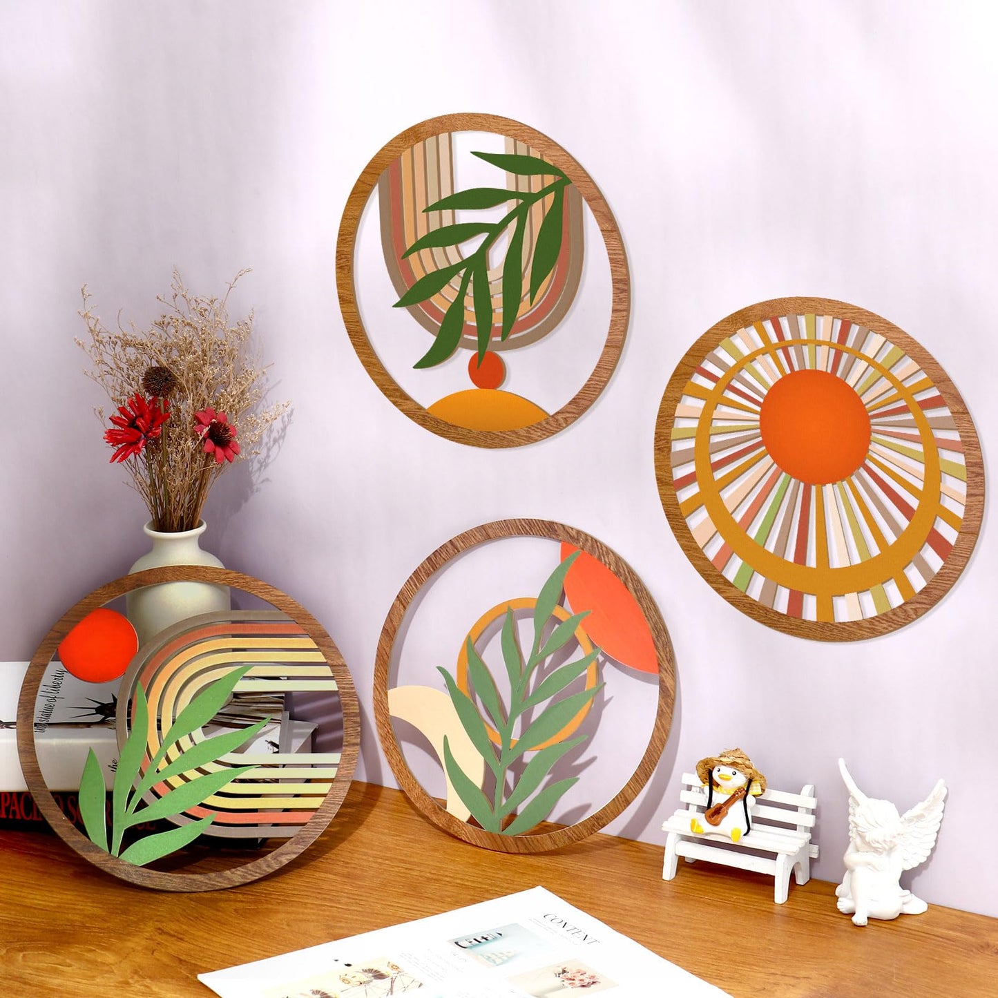 Zzbakress 4 Pcs Boho Wall Decor Rustic Wooden Hollow Bobo Wall Art Bohemian Bedroom Decor 10 inch Farmhouse Wall Hanging Decor Boho Minimalist Wall Art for Bedroom Living Room (Rustic, 4)